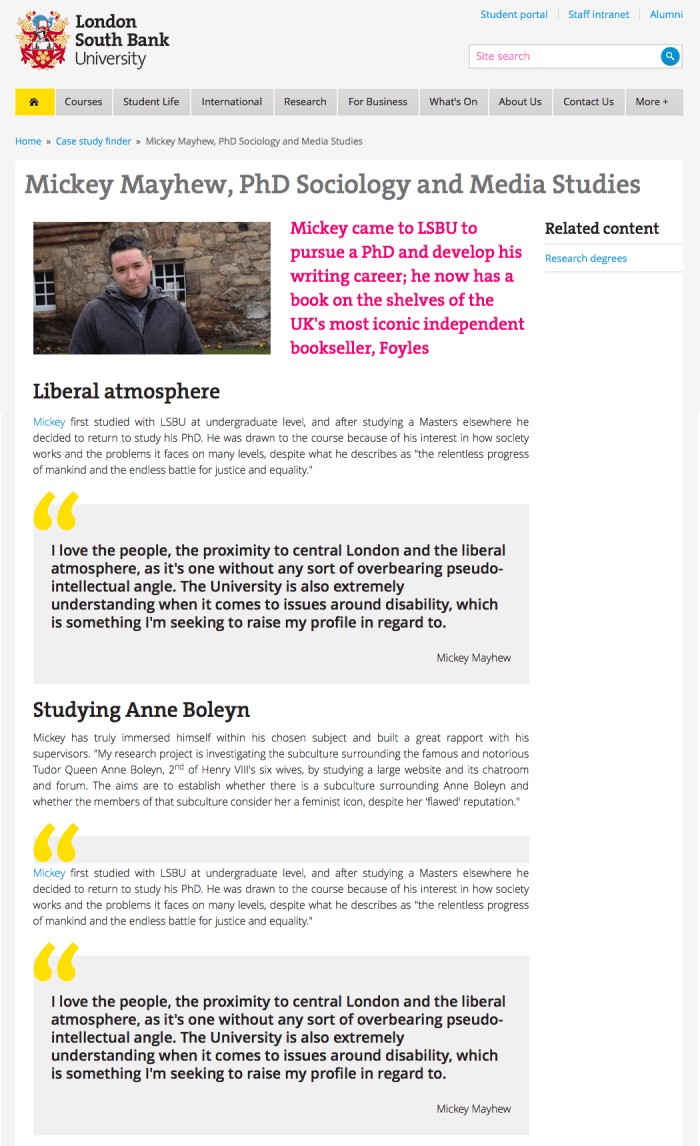 LSBU Mickey Mayhew PhD Student Feature Article